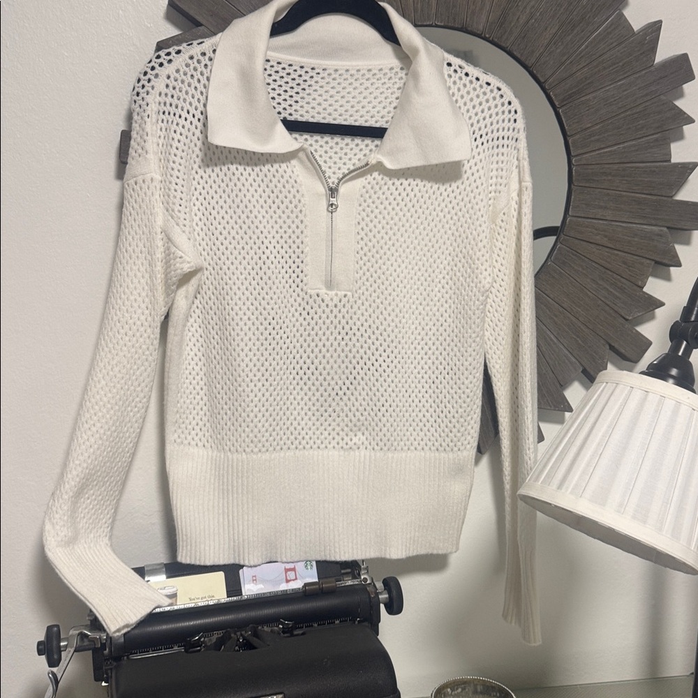 White Open Knit Zip Pullover